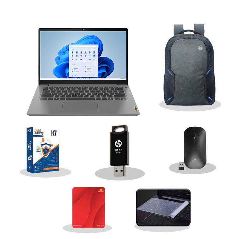 Picture of Lenovo IdeaPad Slim 3 - Intel Core i3-1215U 14" (35.6 cm) 82RJ00DBIN Thin and Light Laptop (8GB/ 512GB SSD/ Integrated Intel UHD Graphics/ Windows 11 Home/ MS Office/ 1Year Warranty/ Arctic Grey/ 1.43Kg)  with Laptop Bag + K7 Antivirus + Wireless Mouse + Mouse Pad+ Pendrive + Laptop Key Skin